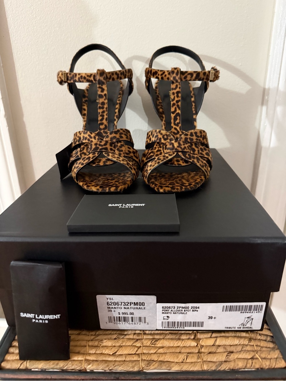 New Saint Laurent Tribute Leopard Print T-Strap Sandals - Pony Fur Brown - Picture 1 of 7